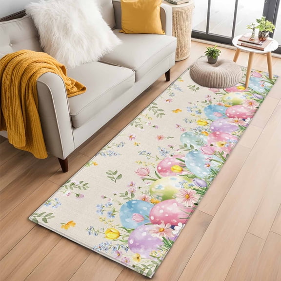 Easter Eggs 2'x6' Runner Rugs for Hallway Kitchen Bedside Non Slip Washable, Spring Daisy Eucalyptus Leaves Rustic Burlap Entryway Rug Runners with Rubber Backing, Long Carpet Runner for Laundry Room