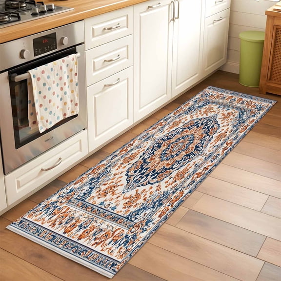 2'x6' Rug Runners for Hallways Kitchen, Blue Burnt Orange Boho Non Slip Entryway Beside Floor Carpet Runner, Antique Southwestern Ethnic Washable Laundry Room Bedroom Throw Rugs Mat for Family Pet