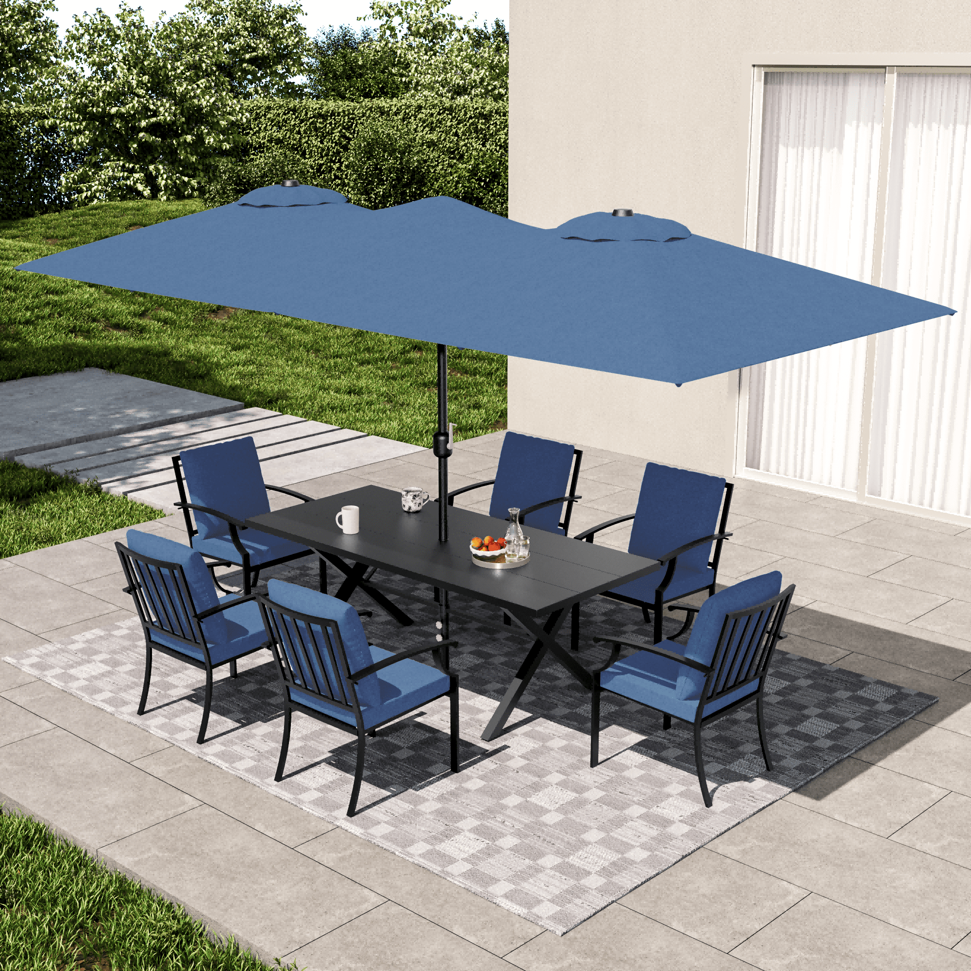 ALAULM 8 Piece Patio Dining Set w/14FT Umbrella, Metal Outdoor Furniture Set w/Rectangular table, 6 Fixed Chairs and Removable Cushions for Patio, Backyard, Garden, Poolside（Navy Blue）
