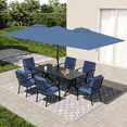 thumbnail image 2 of ALAULM 8 Piece Patio Dining Set w/14FT Umbrella, Metal Outdoor Furniture Set w/Rectangular table, 6 Fixed Chairs and Removable Cushions for Patio, Backyard, Garden, Poolside（Navy Blue）, 2 of 9