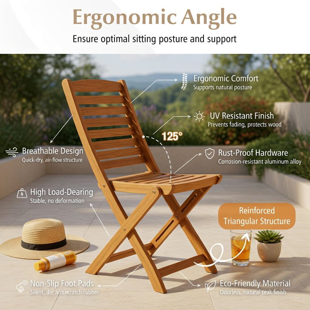 Hommoo 3-Piece Acacia Wood Folding Bistro Set with Removable Cushions, Outdoor Patio Chairs & Round Table for Balcony, Porch, Garden, Natural