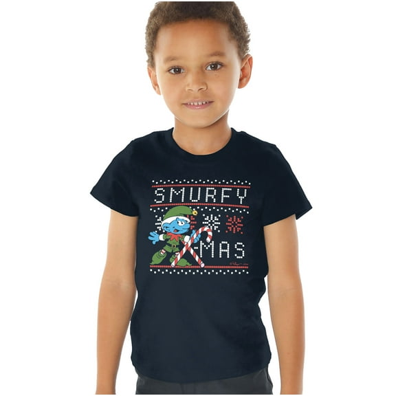 Smurfs Christmas Smurfy Candy Cane X-mas Kids T Shirt (3) for Toddler Boys and Girls, Navy