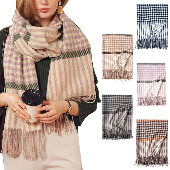 FCLoft Women Houndstooth Plaid Long Shawl Winter Warm Large Scarf Tartan Blanket Wrap