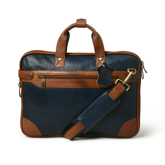 Leather Messenger Laptop Bag for Men & Women – 15" Navy Blue Cowhide Briefcase with Brass Fittings