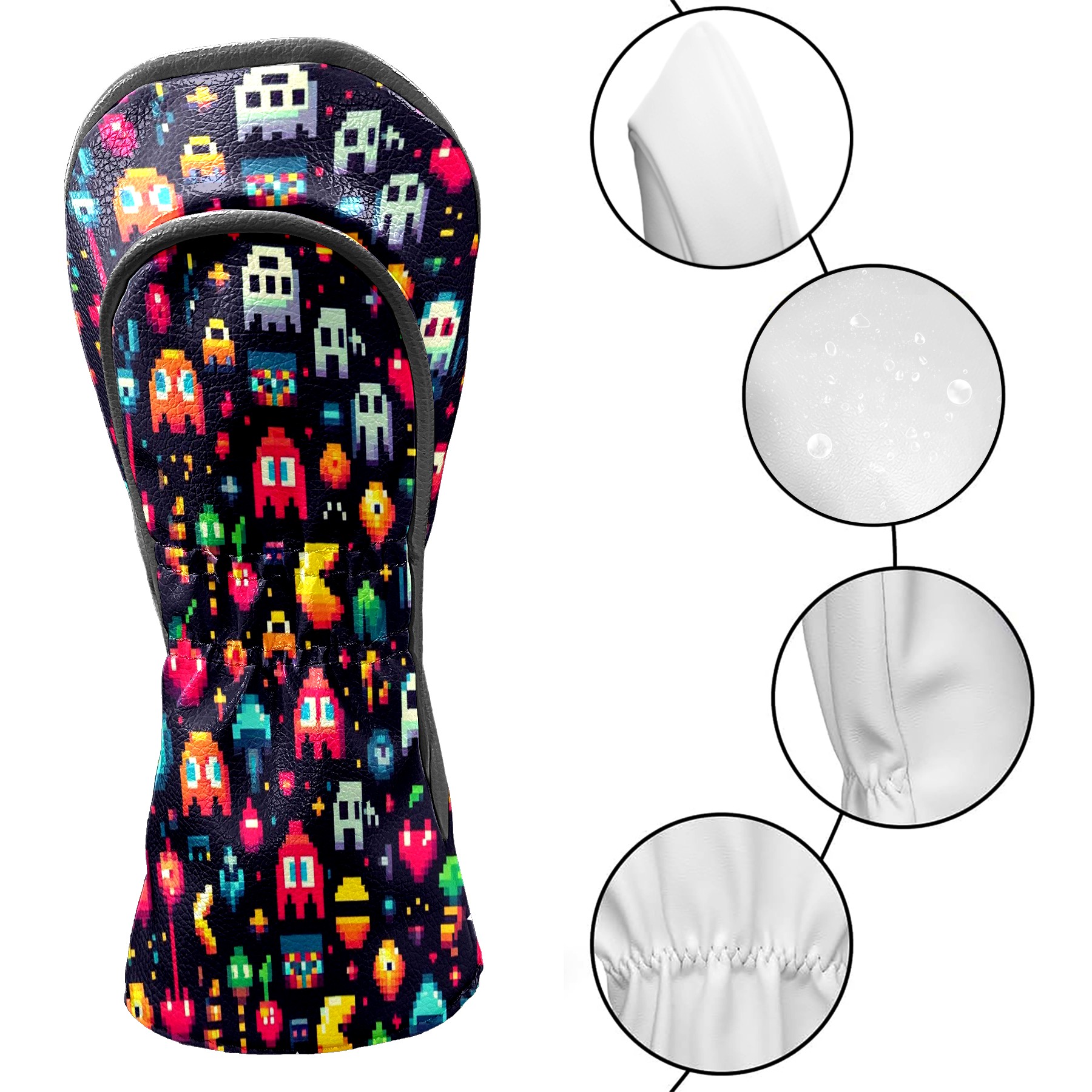 Golf Club Covers, Colorful Pixel Games Premium PU Leather Driver Hybrid Putter Head Covers with Velvet Lining, Waterproof Golf Gifts for Men Women