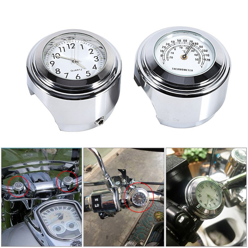 Tebru Motorcycle Handlebar Watch,7/8 1 Motorcycle Handlebar Mount Watch Dial Clock & Thermometer