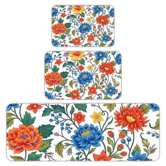 RKSupls Kitchen Rug Set 3 Piece Anti-Slip Flannel Floor Mats, Vintage Floral Washable Absorbent Runner Mats for Kitchen Bathroom Home Decor