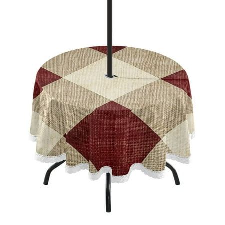 

60 Outdoor Round Tablecloth with Umbrella Hole & White Lace Trim Waterproof Patio Table Cover for Garden Kitchen Dining Red and Beige Checkered