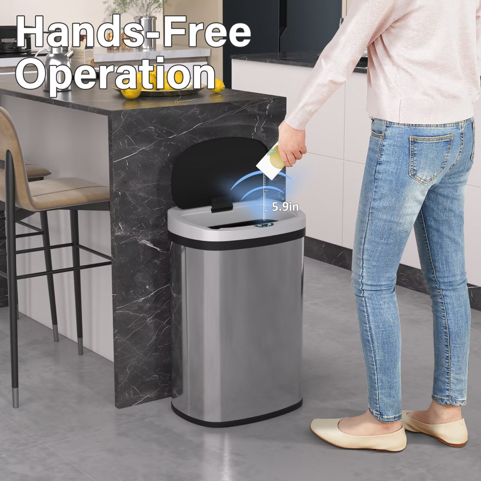 YRLLENSDAN 13 Gallon Touchless Stainless Steel Trash Can, Automatic Garbage Cans with Lid, Motion Sensor Wateproof Trash Bin for Kitchen Bedroom Bathroom Office, SS