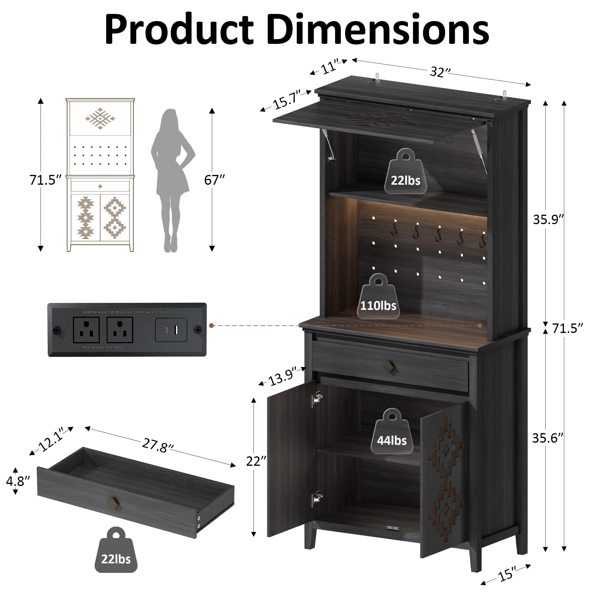 Einhomn 72" Tall Farmhouse Kitchen Pantry Cabinet with Charging Station & LED Light, Flip up Door & Adjustable Shelves,Black