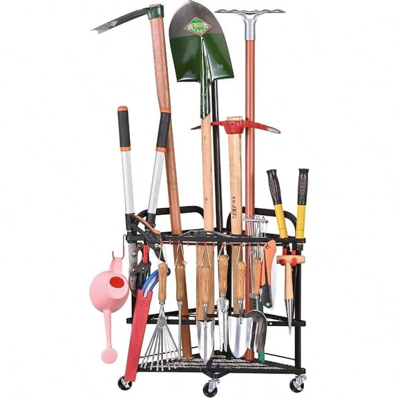 Garden Tool Organizer With Wheels And Storage Hooks Rolling Corner Tool Storage Rack For Garden Shed Garage Powder Coated Steel Black