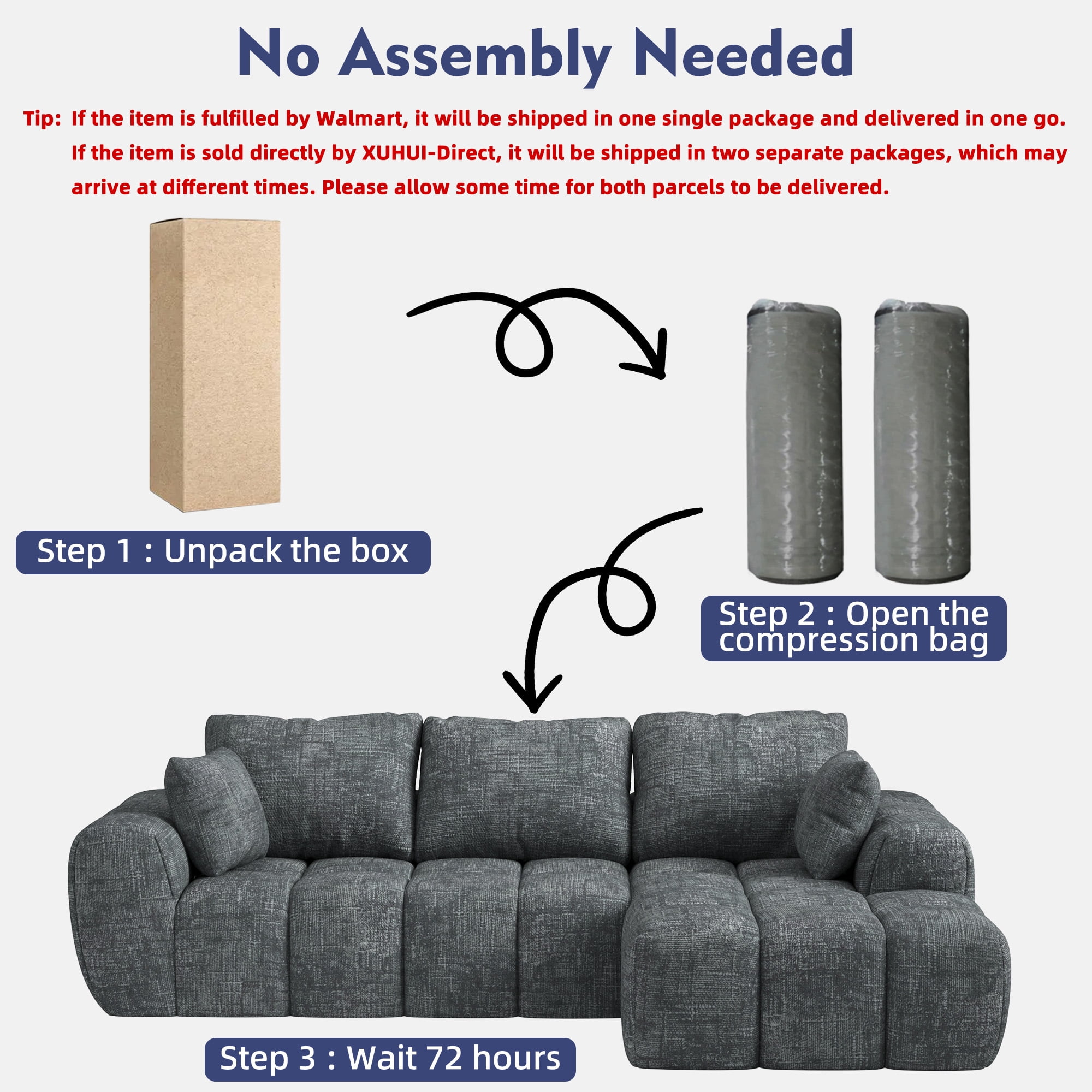 IDEALSOUL Sectional Sofa, 101" L-Shaped Modular Cloud Couch,Unique Chenille Fabric Couches and Sofas,Compression Sofa No Assembly Required(Deep Gray)