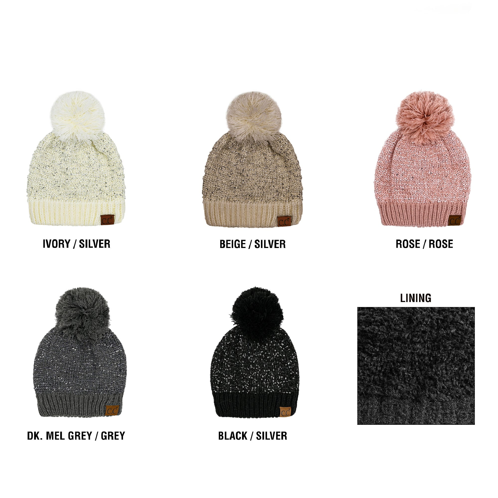 C.C Sequin Pom Winter Beanie Sparkle Cozy Warm Hat Unisex, Black Silver