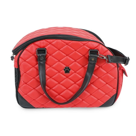 Small Pet Carrier for Small Dogs and Cats - Waterproof Faux Leather Pet Travel Tote Bag - Double Strap Travel Pet Carrier for Cat Travel Bag - 17.3 x 8.25 x 10.6 Inch - Red