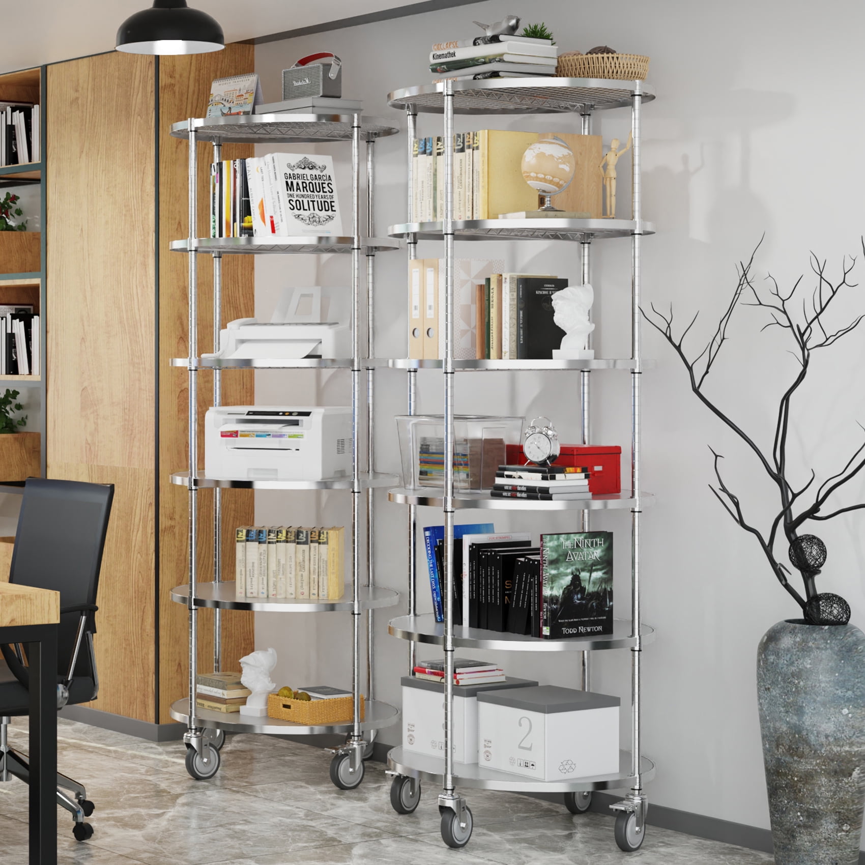 Miniyam 6-Tier Round Wire Shelving Unit with Wheels, Heavy-Duty Adjustable Storage Rack with Leveling feet, Chrome
