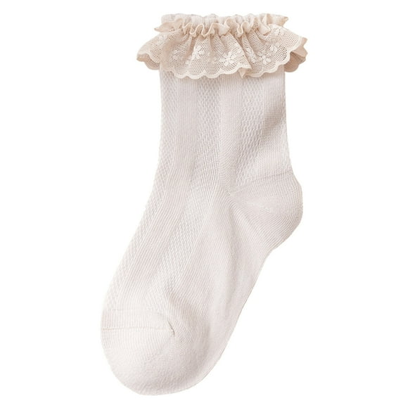 WUANDIXFA Toddler Girl Dress Socks with Ruffles Children's Socks Stockings Children's Princess Wind Bow Half High Tube Pile Pile Socks Girls Lace High Ankle Socks Beige,8-12 Years