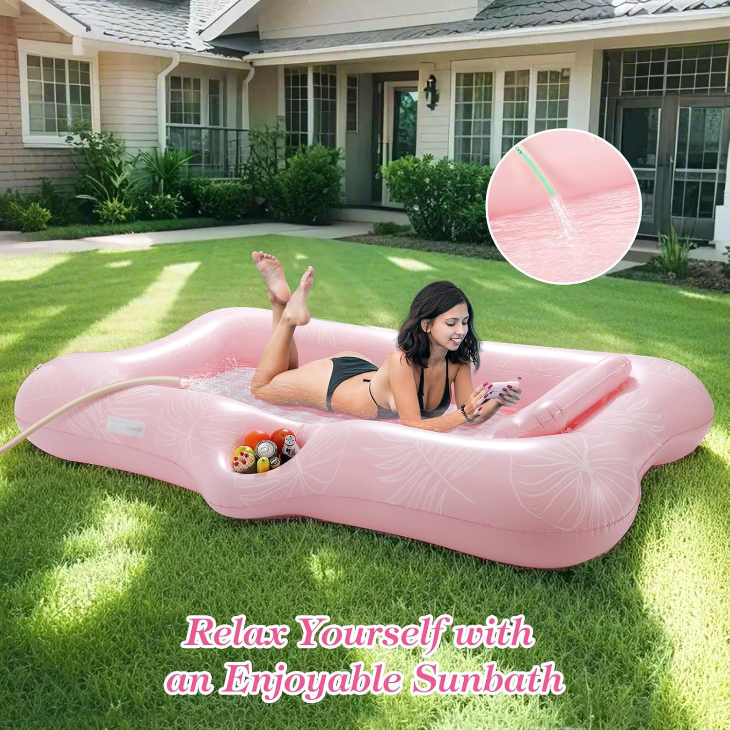 Pool Floats Adult, Large Floating Bed with Ice Bar, Tanning Bed Pool Raft Inflatable Lounger with Drink Holder Tanning Chair Inflatable Pool Toys for Party Beach Backyard