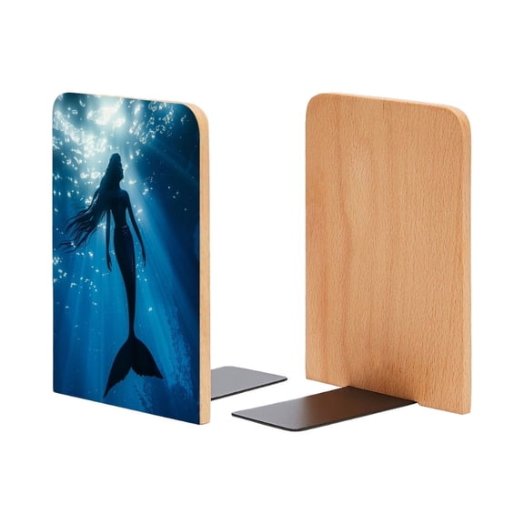 Bookends 1 Pair Non-Skid Bookend Wood Bookends for Shelves Book Stand for CDs - Silhouette of Mermaid in The Deep Blue Ocean