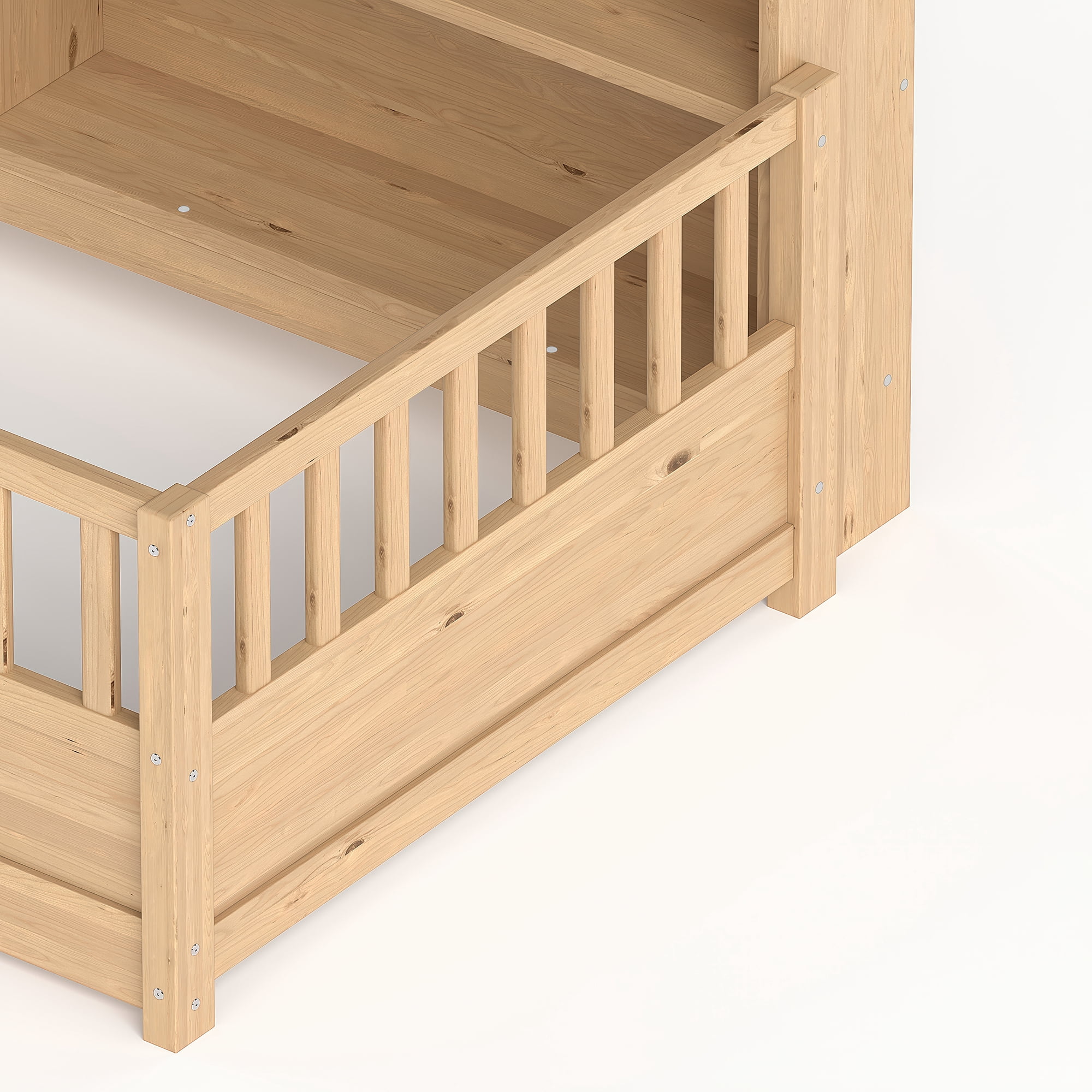 Miniyam Twin Size Wood Floor Bed with Guardrails, Storage & Bookshelf – Safe, Durable Design for Kids' Bedroom, Natural