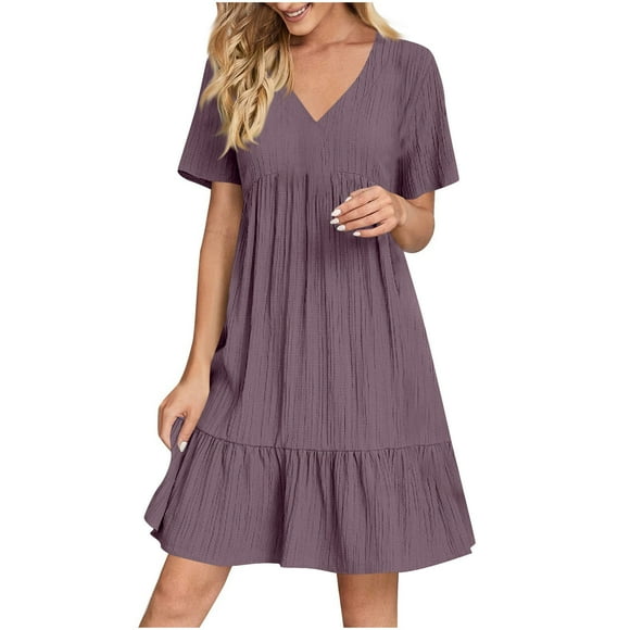 FAVIPT Casual Summer Dresses for Women Fashion 2025 Plain Pleated Dress Short Sleeve V Neck Mini Dresses High Waist Loose Lace Dress Purple,XXL