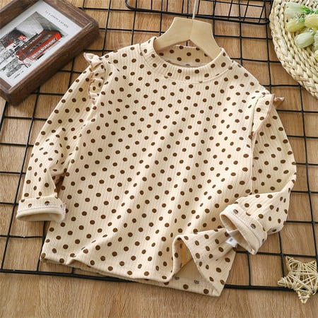 

ATOGUTA Tshirts for Kids Girls Beige Cute Ruffle Long Sleeve Shirts Fall Casual Crewneck Blouses Tops Size 1T-10