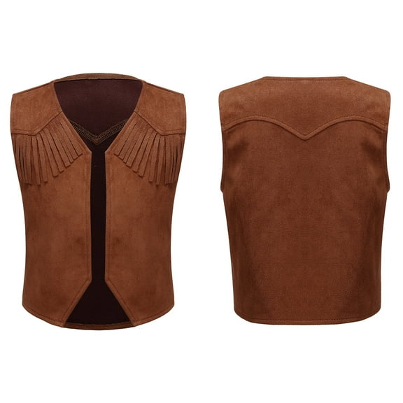 renvena Boys Girls Western Cowboy Vest Suede Tassel Jacket Outerwear Top Kids Fancy Party Brown 12