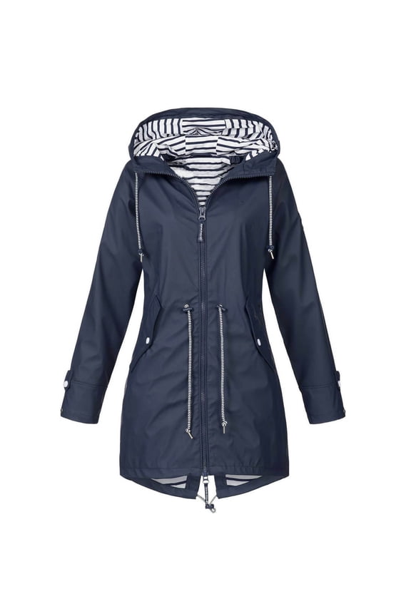 Waterproof Rain Jacket for Women Lightweight Windbreaker Plus Size Rain Jackets Hooded Trench Coat with Pockets Zip Up Drawstring Black,L