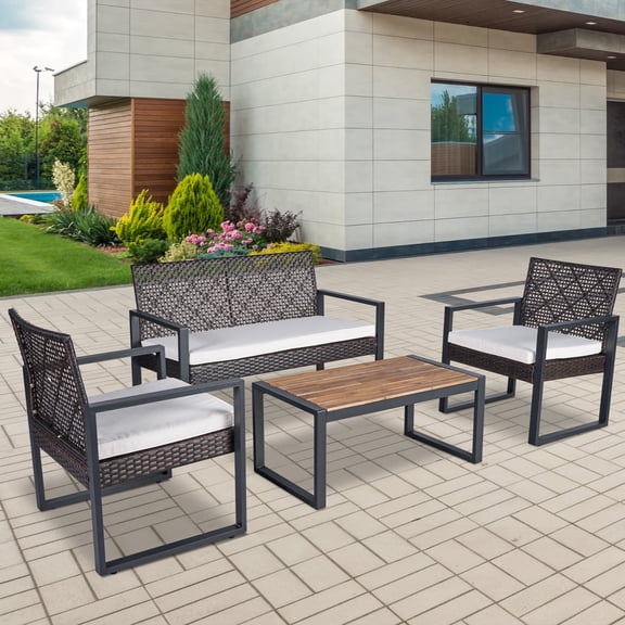Villeston 4 Piece Wicker Conversation Sets, Ratten Sofa and Table for Balcony Porch Outside Backyard Garden,Beige