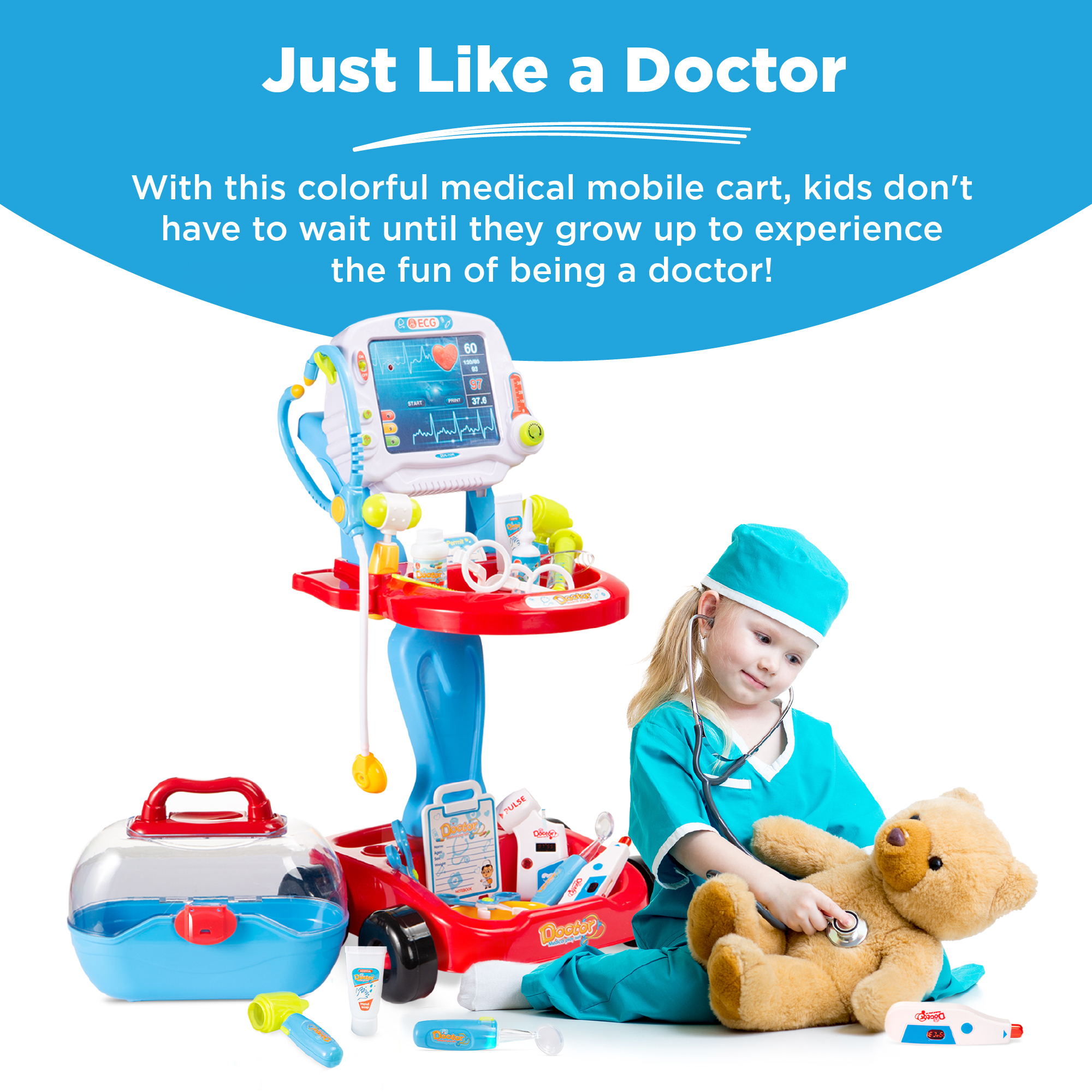 Best Choice Products Play Doctor Kit for Kids, Pretend Medical Station Set with Carrying Case, Mobile Cart - Blue - image 2 of 7