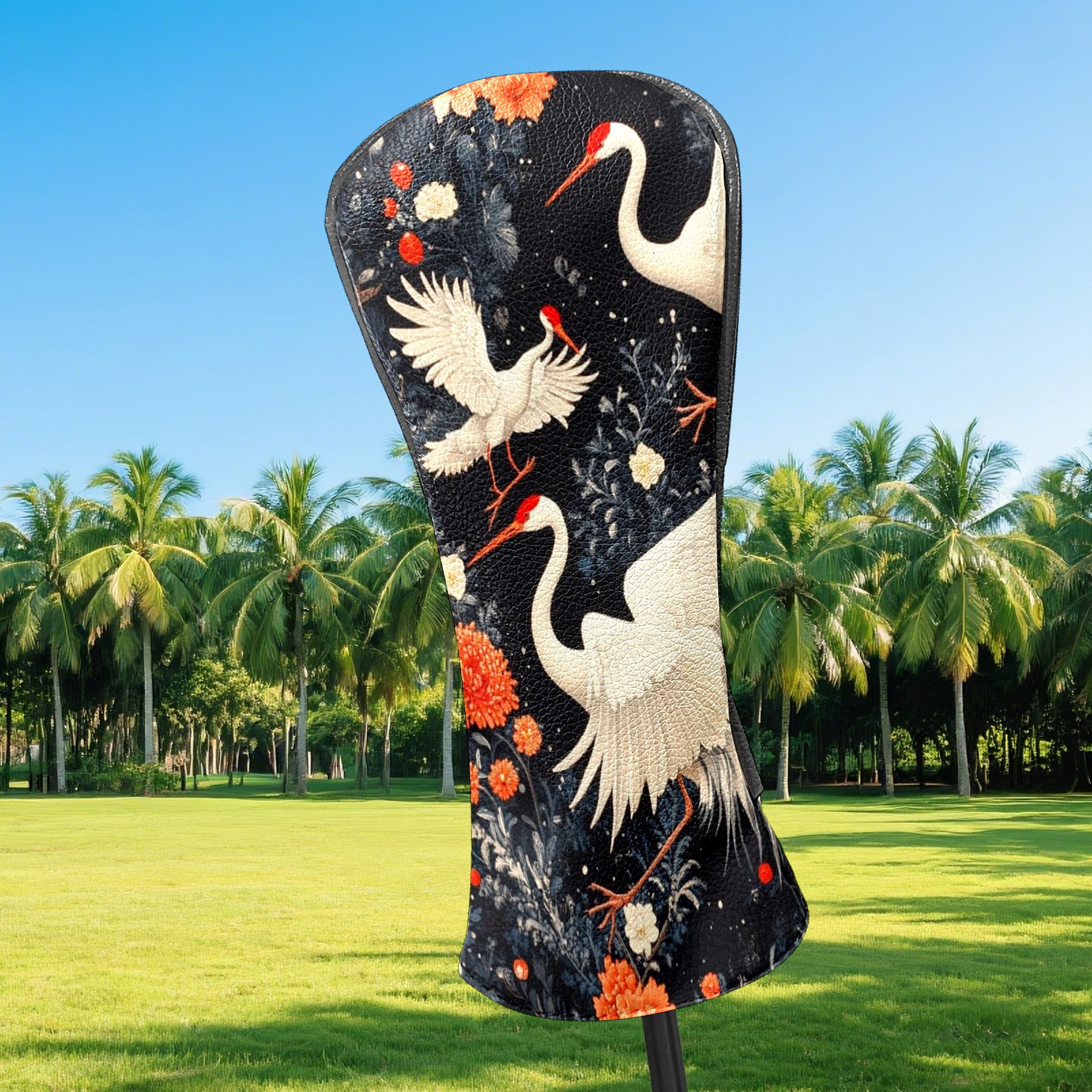 Golf Head Covers - White Crane Design, Premium Waterproof PU Leather, Plush Lining, Fits Driver/Hybrid, Elegant Bird Golf Gift