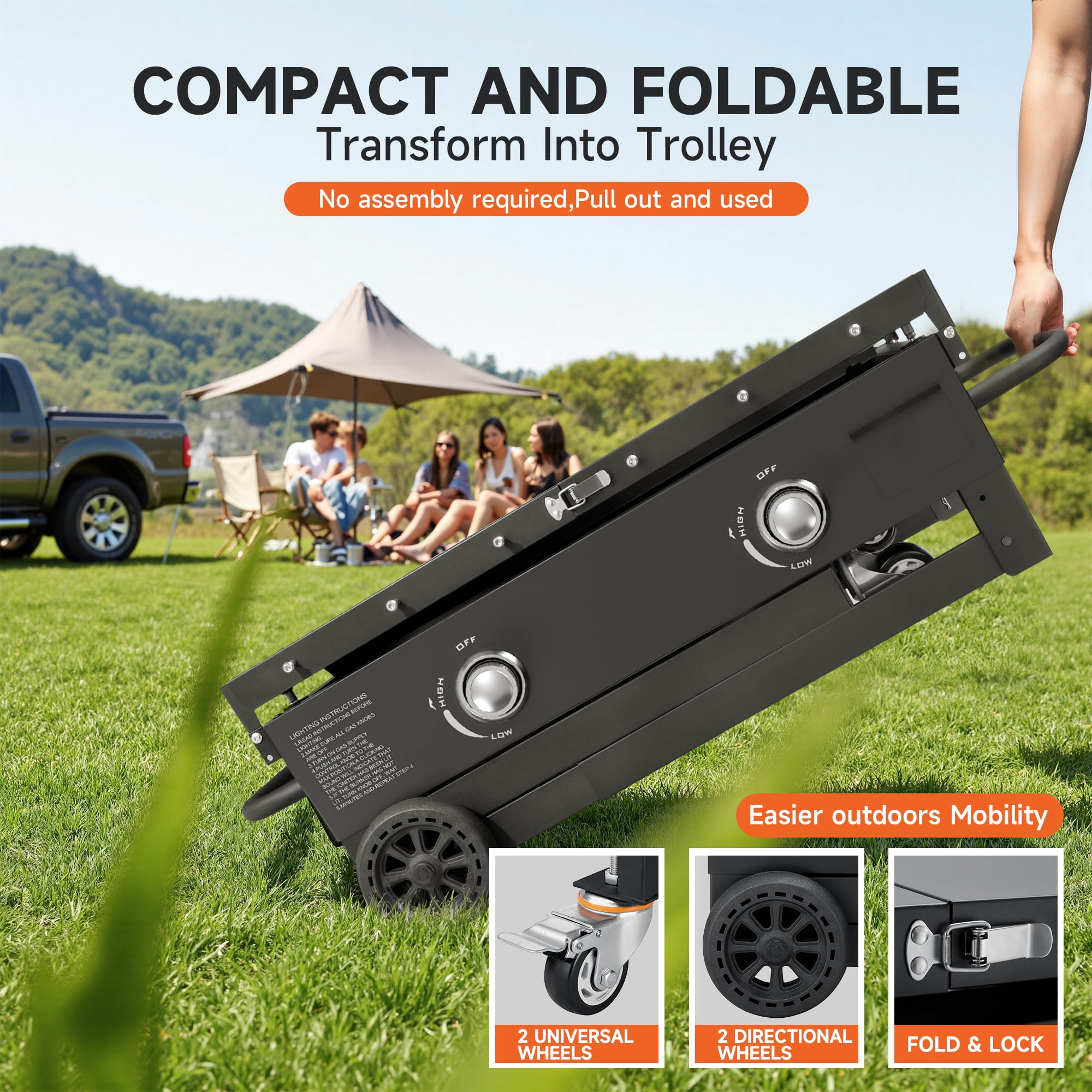 SKOK Foldable 2 Burners Gas Griddle - 28'' Outdoor Propane Flat Top Grill with Side Shelves - 30,000 BTU