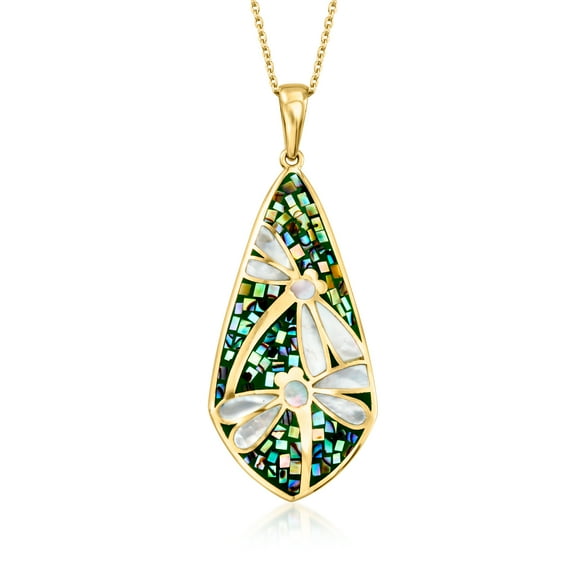 Ross-Simons Mother-Of-Pearl and Abalone Shell Dragonfly Mosaic Pendant Necklace in 18kt Gold Over Sterling, Women's, Adult