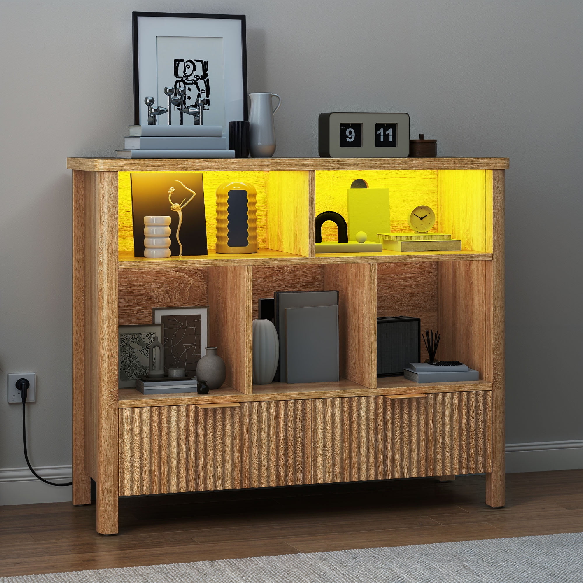 Uforic 5 Cube Bookcase with LED Light, Modern 3 Tier Bookshelf with Drawers for Home Office