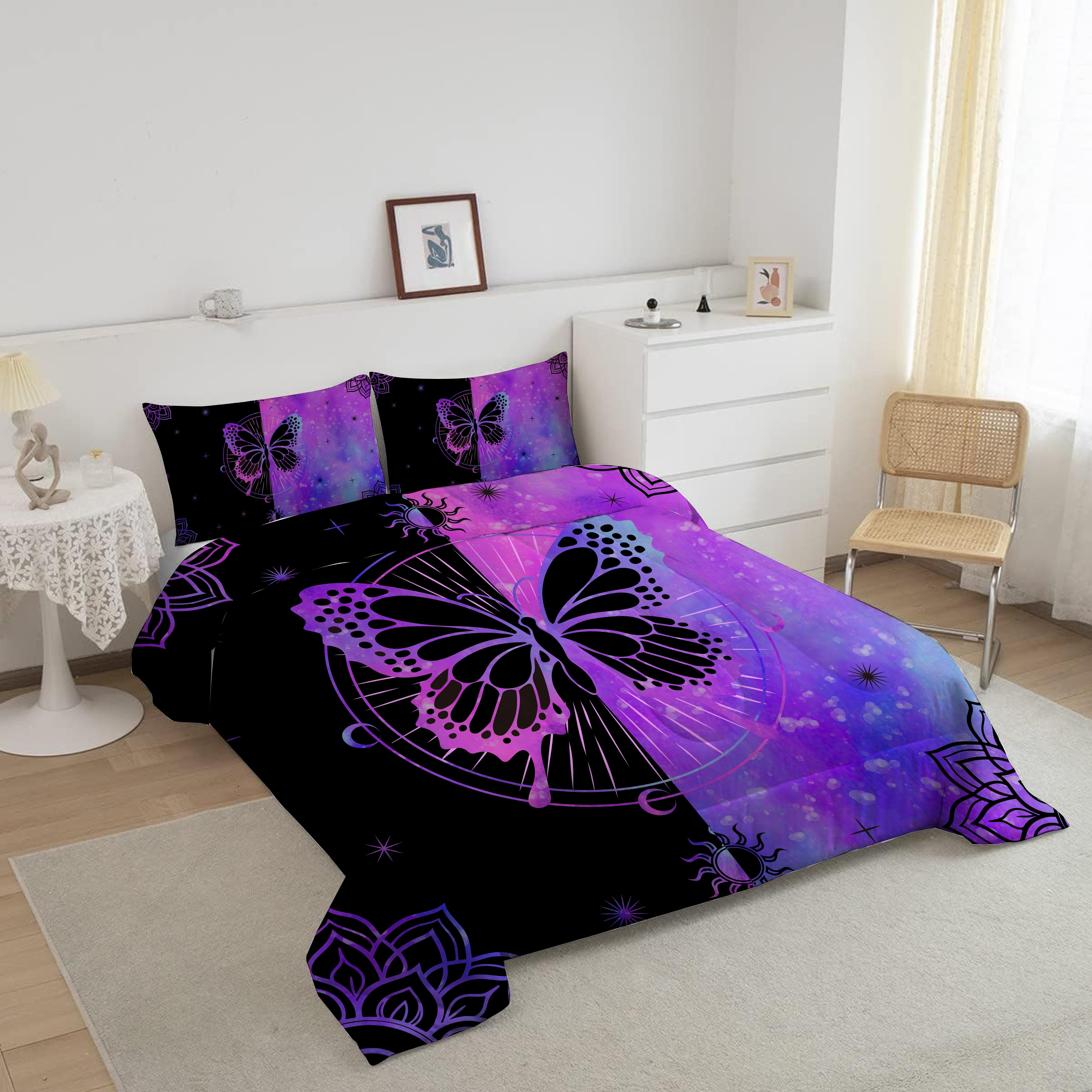Psoiuetr Butterfly Comforter Set Queen Size for Girls Kids Teens Black Blue Purple Tie Dye Bedding Set 3 Pieces