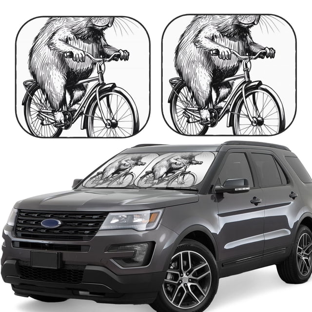Balery Capybara Riding Bicycle Parasol para parabrisas de coche de 2 piezas | Parasol plegable para parabrisas delantero de coche para la mayoría de sedanes-Large