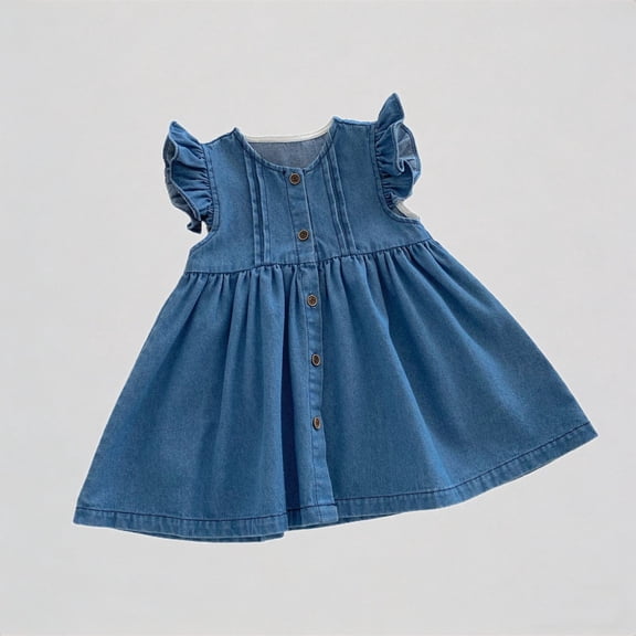 REDARER Girls Ruffle Flutter Sleeve Button Front Soft Denim Dress Casual Playwear Everyday Outfit,12-18 Months
