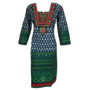 Mogul Woman's Ethnic Long Tunic Blue Floral Embroidered Cotton Indian Kurti Dress