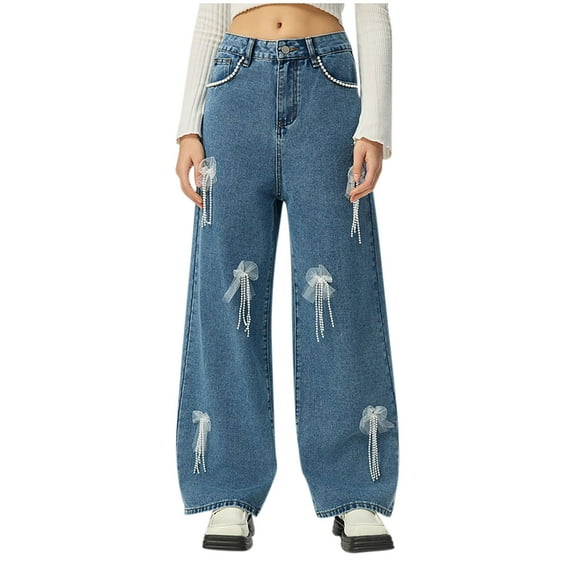 SwiftWear Women's Pearl Chain Bow Decorated Jeans Y2K High-Waisted Wide Leg Baggy Denim Pants Vintage Elegant Casual Jeans XS-XL