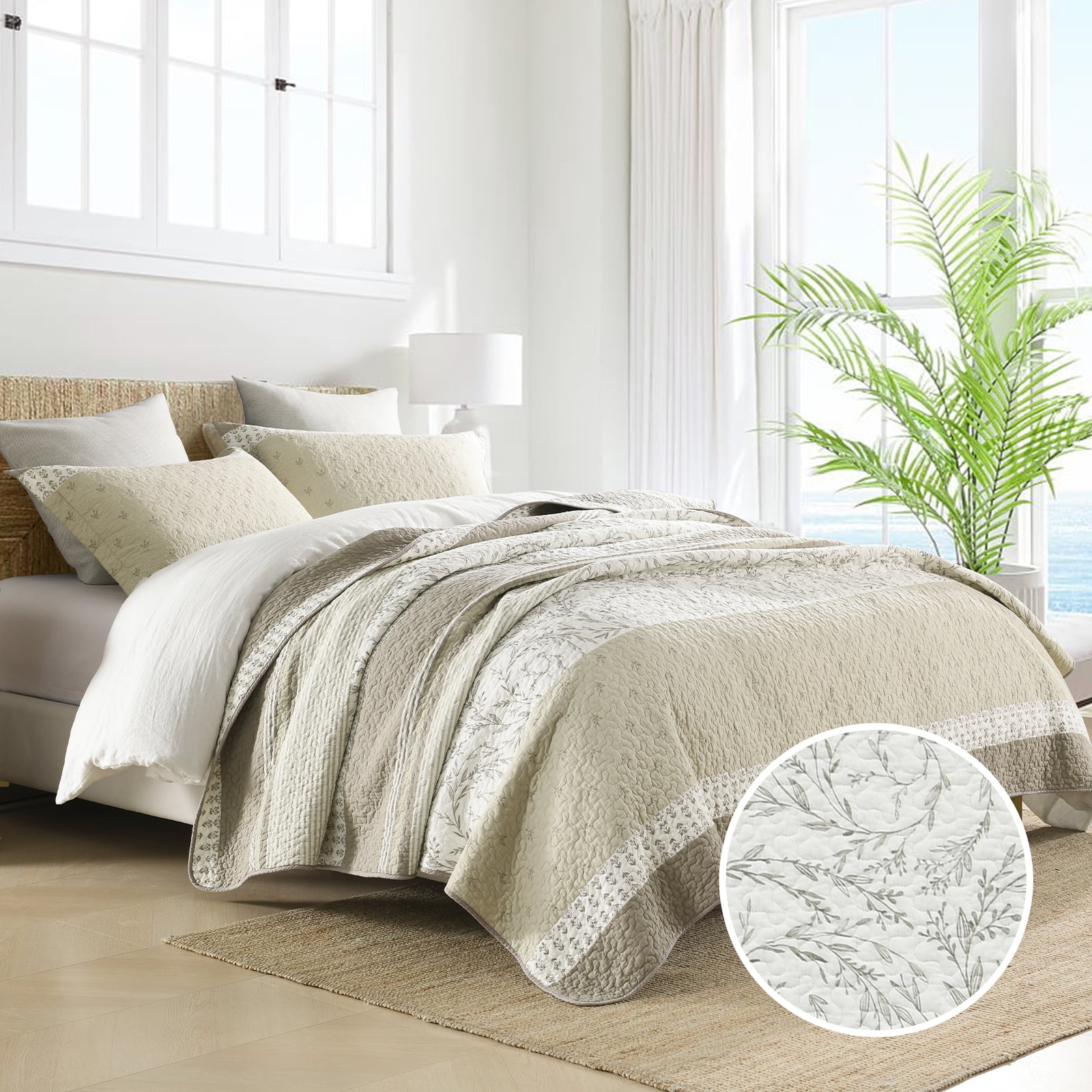 Bedduvit King Size Quilt Set - 100% Cotton Vintage Striped Framhouse Beige Brown King Quilted Bedding Set, Lightweight Reversible Soft Botanical Floral Print Bedspread, Quilts for King Bed, 98x106