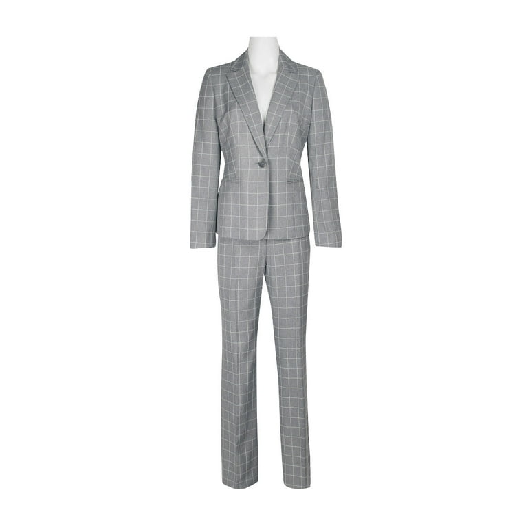 Le Suit Notched Collar 1 Button Tie Mélange Windowpane Jacket with Button  Hook Zipper Closure Crepe Pants Suit (Two Piece Set)-HEATHER GREY / 8