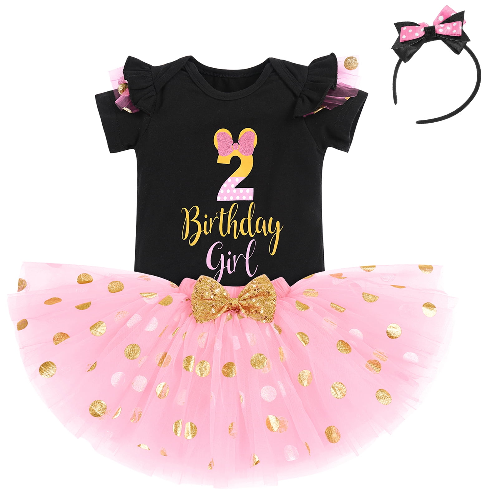IBTOM CASTLE Toddler Girls 1st 2nd 3rd Birthday Outfit Princess Polka Dots Ruffle Tutu Skirt Mouse Headband Cake Smash Party Clothes Set 2 Years Black + Pink