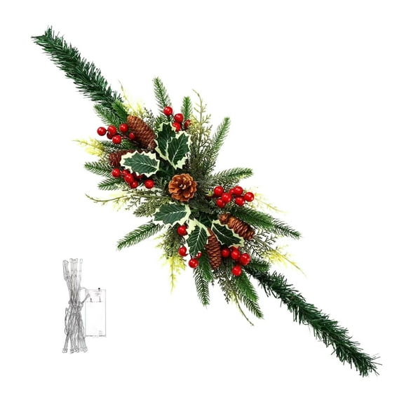 CASAFUN Pre-lit Christmas Mailbox Swag with Poinsettias Flowers,Battery Powered Lighted Artificial Garland with Pine Cone & Red Berries Decorations Indoor Outdoor