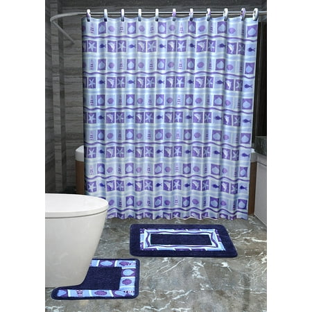 Dolphins 15-piece Ocean Bathroom Accessories Set Rugs Shower Curtain & Matching Rings Blue Sea