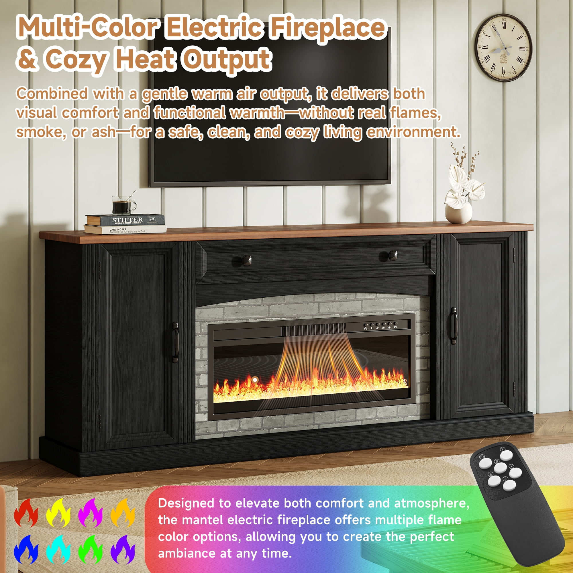 Mintazer Farmhouse Electric Fireplace TV Stand for TVs Up to 70", Entertainment Center with 2 Storage Cabinets & Large Drawer and Adjustable Shelves for Living Room, Black