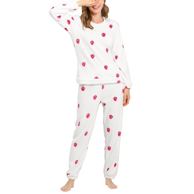INSPIRE CHIC Women's Winter Flannel Pajama Sets Long Sleeve Loungewear XL Strawberry Printed White