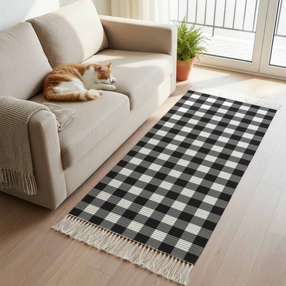 Hallway Runner Rug 2'x 6', Black White Plaid Reversible Washable Rug with Tassels, Modern Simple Buffalo Check Gingham Decorative Modern Soft Carpet Mat for Living Room, Kitchen, Dining Room