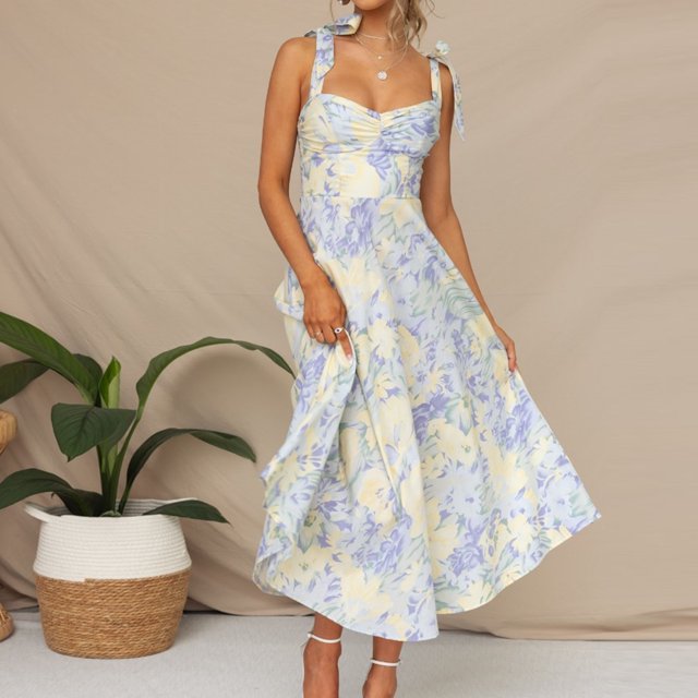 Vestido Vestido a media pierna con estampado de tirantes con cuello en V y cintura delgada de verano Cgtredaw Para estrenar