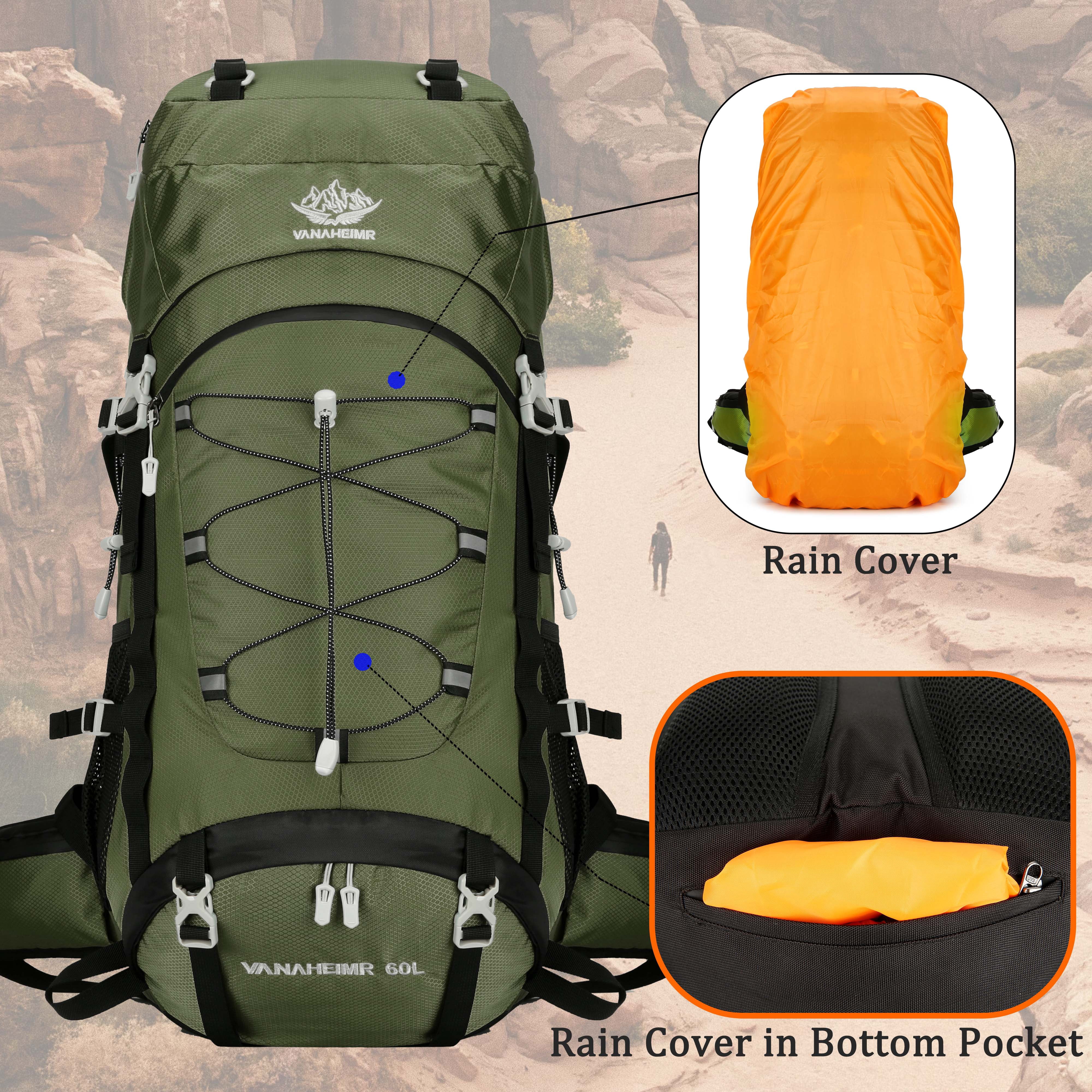 60L Travel Hiking Camping Backpack with Rain Cover, Backpack Water Resistant,Climbing Backpack for Men Women
