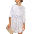 thumbnail image 1 of Sexy Dance Robe à Paillettes pour Femmes Col Rond Courte avec Ceinture Mini Mode Soirée Manches Longues Blanche G, 1 of 2