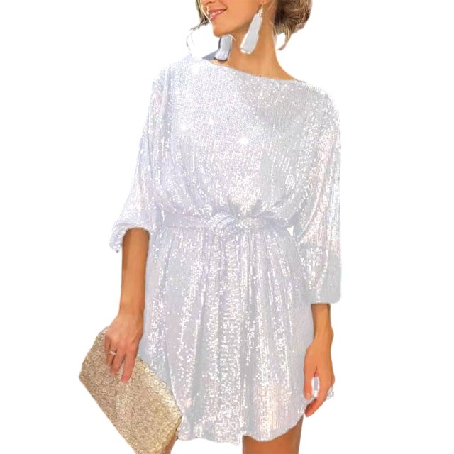 Sexy Dance Robe à Paillettes pour Femmes Col Rond Courte avec Ceinture Mini Mode Soirée Manches Longues Blanche G